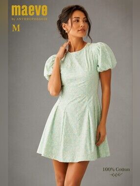 Maeve By Anthropologie Puff Sleeve Mini Dress Green Daisy Print Cotton M